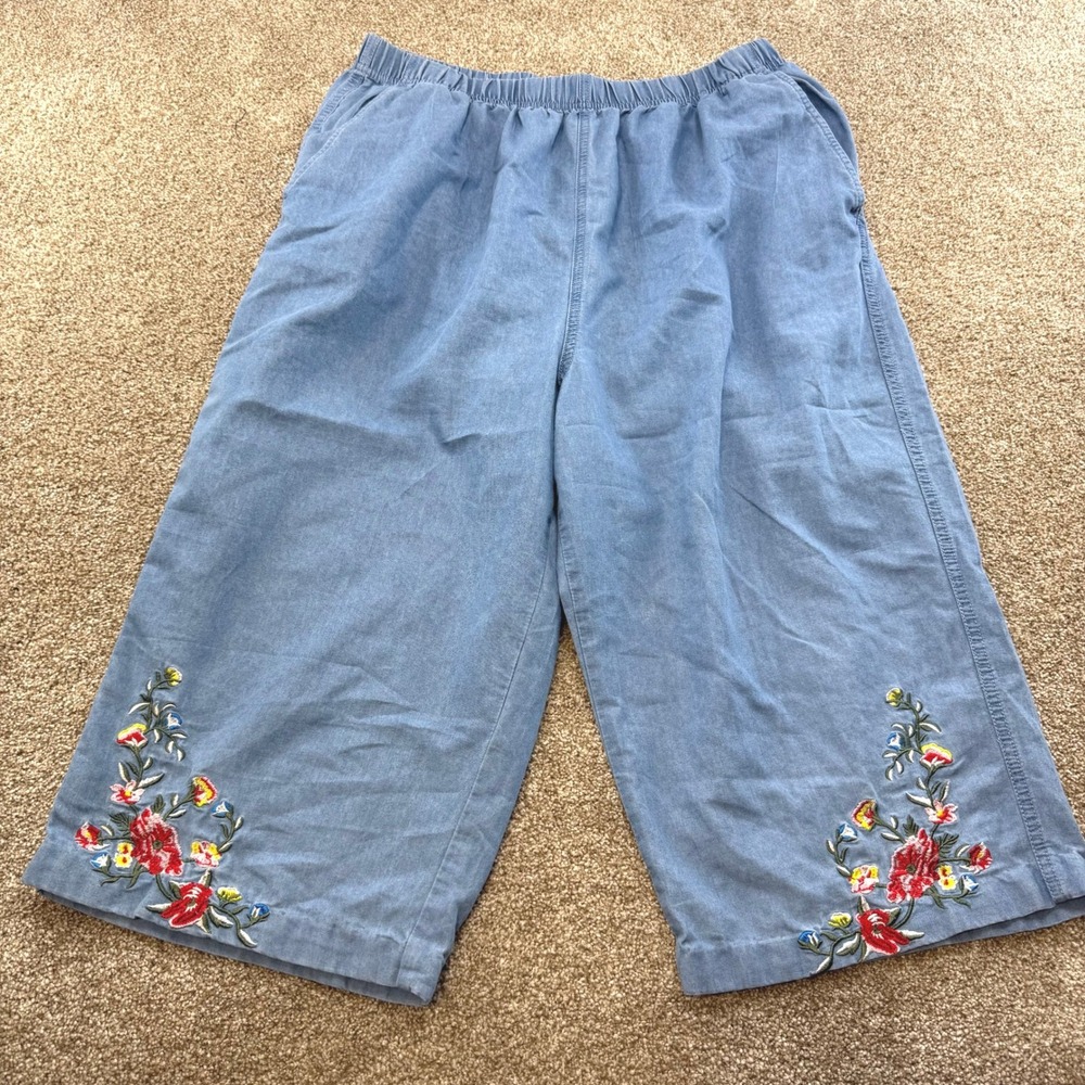 CW Classics Womens XL Blue Floral Embroidered Elastic Crop Pants Pocket VTG
